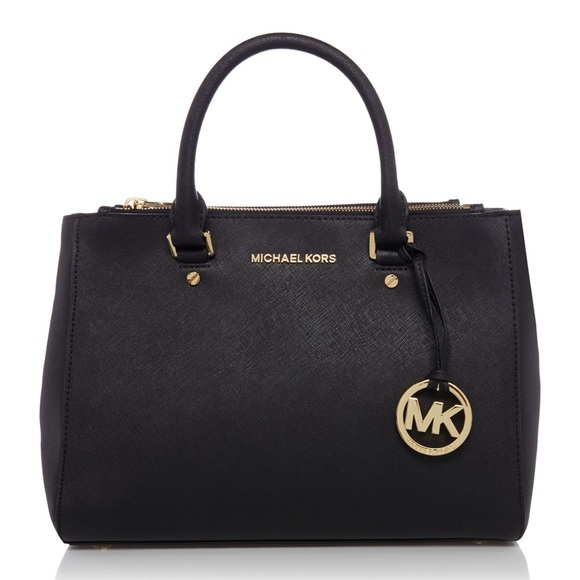 Michael Kors Handbags - ~MICHAEL KORS Black Kellen Medium Saffiano Leather Satchel w/Gold MK Charm~
